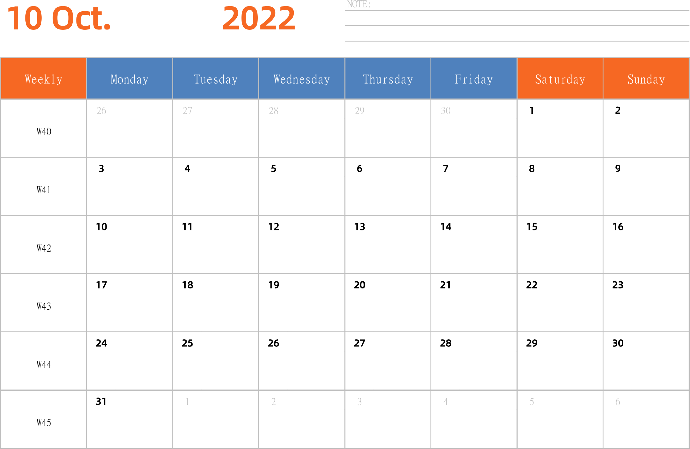 日历表2022年日历 英文版 横向排版 周一开始 带周数